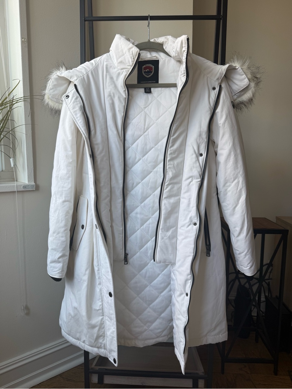 Madison White Quilted Hooded Ski Parka with Faux Fur Trim